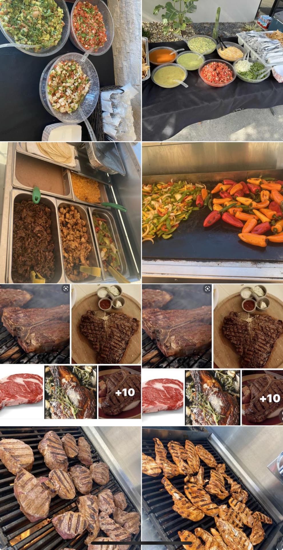 Catering spread of salsas, guacamole, grilled peppers, steaks and grilled chicken on the flat-top